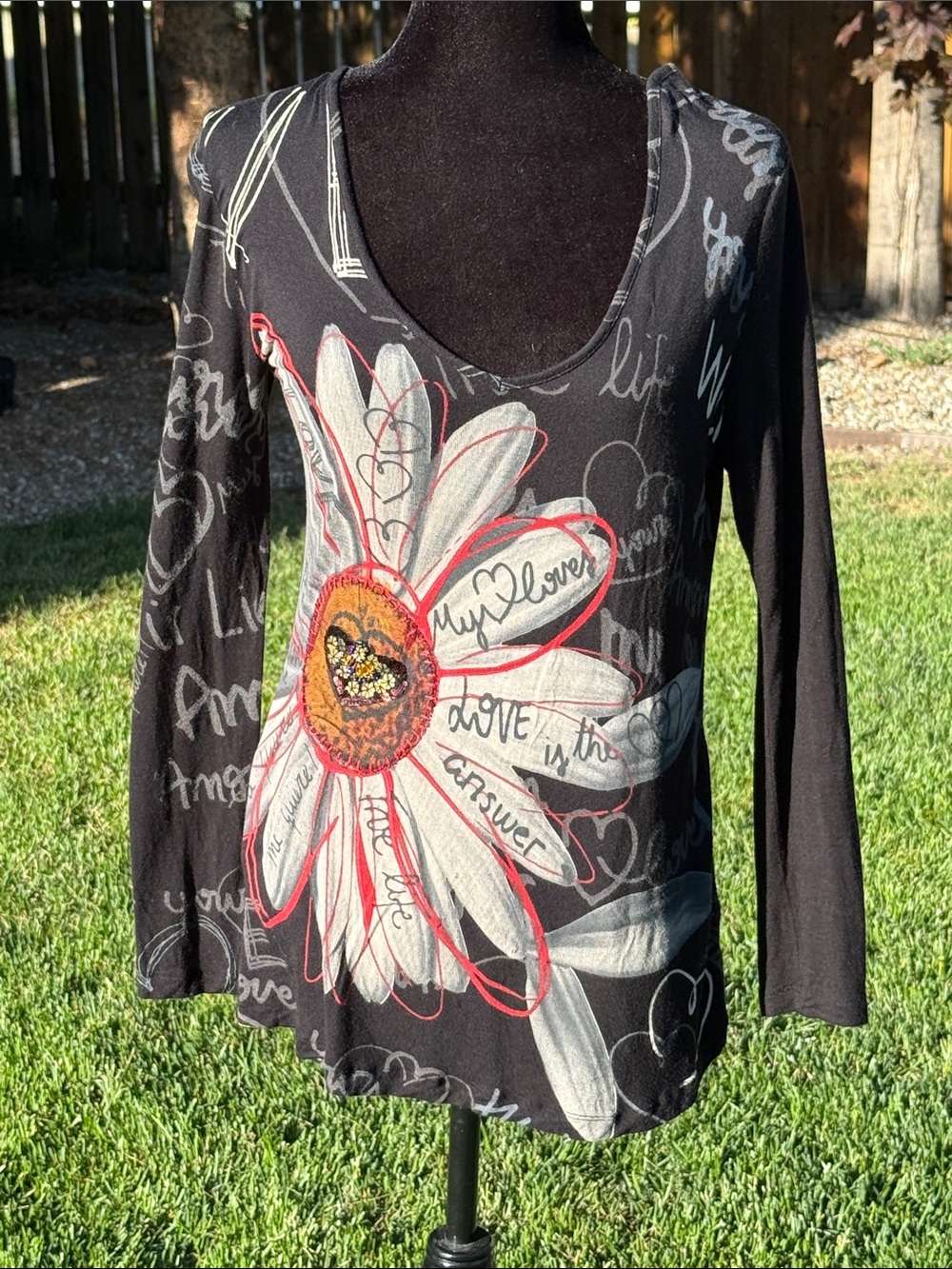 Desigual black Daisy Graphic Top with Red sequin and gold gemstone Accents (XL)
